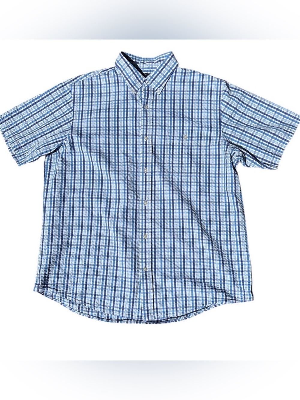 Lands End Men's Blue Plaid Check  Seersucker Short-Sleeve Button-Down Shirt